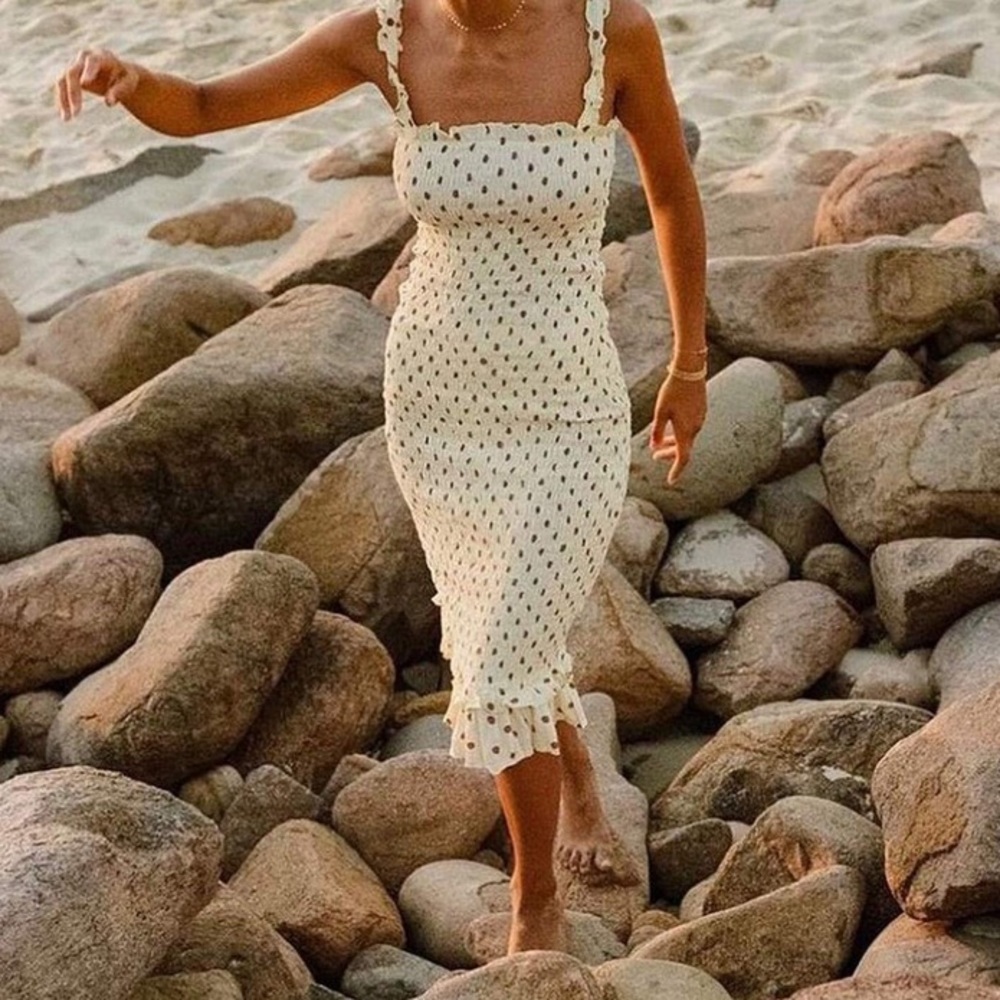 Cream colored shirred dress with brown polka dots